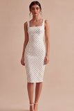 Robe à pois midi bodycon à col carré blanc et noir