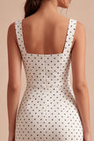 Robe à pois midi bodycon à col carré blanc et noir