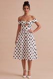 Robe à pois midi blanche et noire décollée sur les épaules A Line Midi Polka Pots