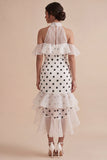 Robe de remise de diplôme de sirène à épaules froides, blanches à volants hauts et bas