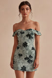 Robe de remise de diplôme courte verte, moulante, fleur dénudée
