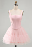 Corset court rose A Line Short Straps Dress Graduation avec volants