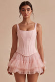 Corset court rose A Line Short Straps Dress Graduation avec volants