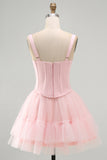 Corset court rose A Line Short Straps Dress Graduation avec volants