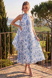 Robe fleur midi plissée à dos nus bleue A Line