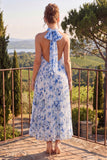Robe fleur midi plissée à dos nus bleue A Line