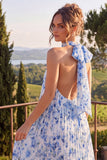 Robe fleur midi plissée à dos nus bleue A Line