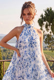 Robe fleur midi plissée à dos nus bleue A Line