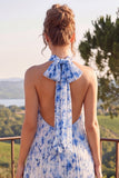 Robe fleur midi plissée à dos nus bleue A Line