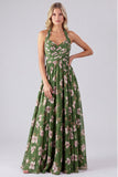 Longue robe de demoiselle d'honneur à encolure dos-nu en chiffon floral ligne A