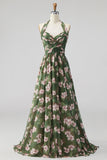 Longue robe de demoiselle d'honneur à encolure dos-nu en chiffon floral ligne A