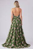 Longue robe de demoiselle d'honneur à encolure dos-nu en chiffon floral ligne A