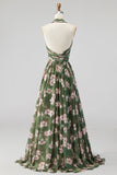 Longue robe de demoiselle d'honneur à encolure dos-nu en chiffon floral ligne A