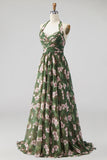 Longue robe de demoiselle d'honneur à encolure dos-nu en chiffon floral ligne A