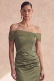 Robe de demoiselle d’honneur olive à épaules dénudées