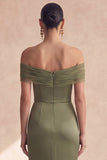 Robe de demoiselle d’honneur olive à épaules dénudées