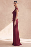 Robe formelle bourgogne bourgogne dénudée avec fente