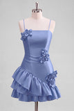 Robe de bal de fin d’année en satin bleu clair à bretelles à volants avec volants et robe de rentrée à la maison en ligne A