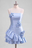 Robe de bal de fin d’année en satin bleu clair à bretelles à volants avec volants et robe de rentrée à la maison en ligne A