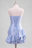 Robe de bal de fin d’année en satin bleu clair à bretelles à volants avec volants et robe de rentrée à la maison en ligne A