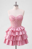 Robe de bal à étages corset rose A-Line avec perles