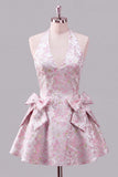 Robe de rentrée rose à col nu rose Jacquard florale avec nœud et nœud