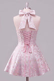 Robe de rentrée rose à col nu rose Jacquard florale avec nœud et nœud