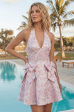 Robe de rentrée rose à col nu rose Jacquard florale avec nœud et nœud