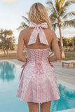 Robe de rentrée rose à col nu rose Jacquard florale avec nœud et nœud