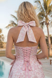 Robe de rentrée rose à col nu rose Jacquard florale avec nœud et nœud