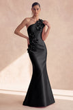 Robe longue de cérémonie en satin noir satin d’une épaule avec des fleurs 3D