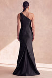 Robe longue de cérémonie en satin noir satin d’une épaule avec des fleurs 3D