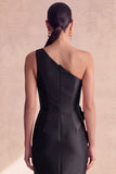 Robe longue de cérémonie en satin noir satin d’une épaule avec des fleurs 3D