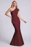 Robe longue de cérémonie en satin noir satin d’une épaule avec des fleurs 3D