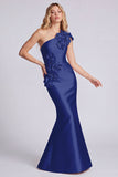 Robe longue de cérémonie en satin noir satin d’une épaule avec des fleurs 3D