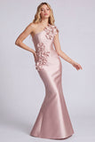 Robe longue de cérémonie en satin noir satin d’une épaule avec des fleurs 3D