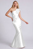 Robe longue de cérémonie en satin noir satin d’une épaule avec des fleurs 3D