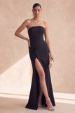 Robe longue de cérémonie à fentes en sirène noire sans bretelles florales