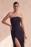 Robe longue de cérémonie à fentes en sirène noire sans bretelles florales