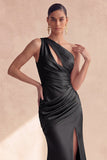 Robe longue de cérémonie longue en satin noire à une épaule en forme de sirène froncée