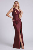 Robe longue de cérémonie longue en satin noire à une épaule en forme de sirène froncée