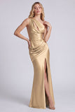 Robe longue de cérémonie longue en satin noire à une épaule en forme de sirène froncée