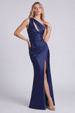 Robe longue de cérémonie longue en satin noire à une épaule en forme de sirène froncée