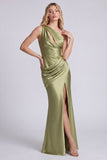 Robe longue de cérémonie longue en satin noire à une épaule en forme de sirène froncée