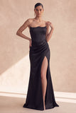 Corset sans cercles en satin noir avec une longue robe formelle en sirène avec fente