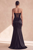 Corset sans cercles en satin noir avec une longue robe formelle en sirène avec fente