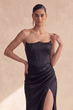 Corset sans cercles en satin noir avec une longue robe formelle en sirène avec fente
