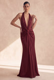 Robe longue formelle de sirène à col nu en cabernet
