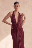 Robe longue formelle de sirène à col nu en cabernet