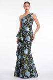 Robe de mère de la mariée en forme de sirène fleur rose à une épaule Jacquard Long Mother of the Bride avec volants